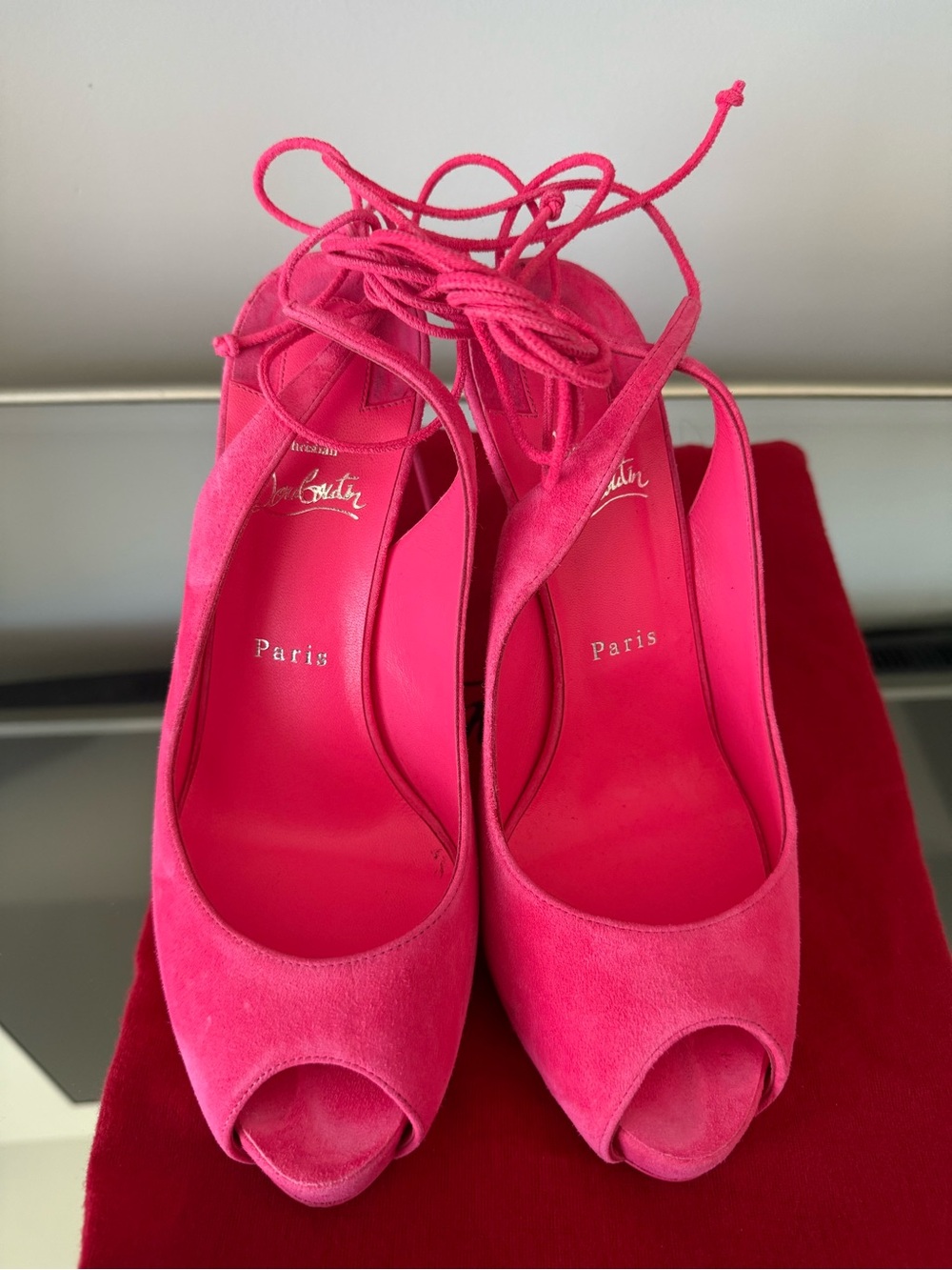 Christian Louboutin Hot Pink Suede Peep-Toe Lace-Up Heels - Picture 3 of 5